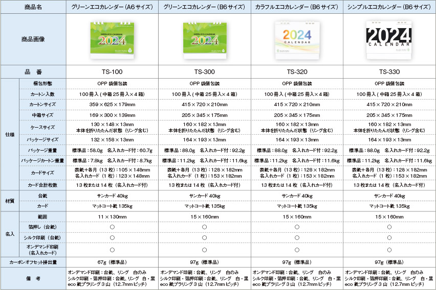 グリーンエコカレンダー（A6サイズ） グリーンエコカレンダー（B6サイズ） カラフルエコカレンダー（B6サイズ） シンプルエコカレンダー（B6サイズ）