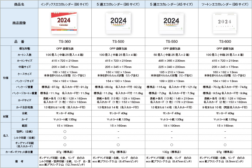 インデックスエコカレンダー（B6サイズ） 5 連エコカレンダー（B6サイズ） 5 連エコカレンダー（A5サイズ） ツートンエコカレンダー（B6サイズ）