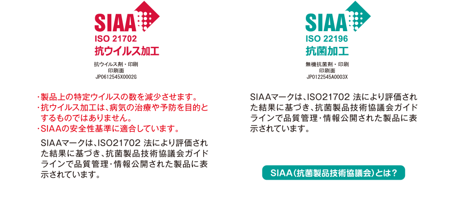 抗菌・抗ウイルス印刷した製品にSIAA（抗菌製品技術協議会）マークを表示することができます　SIAAとは